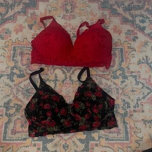 Floral Lace Bralette Set - Red and Black